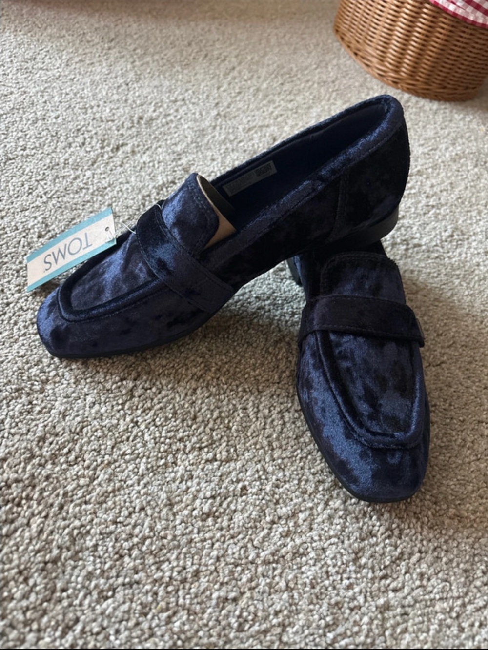 Toms Velvet Penny Loafers in Navy Blue